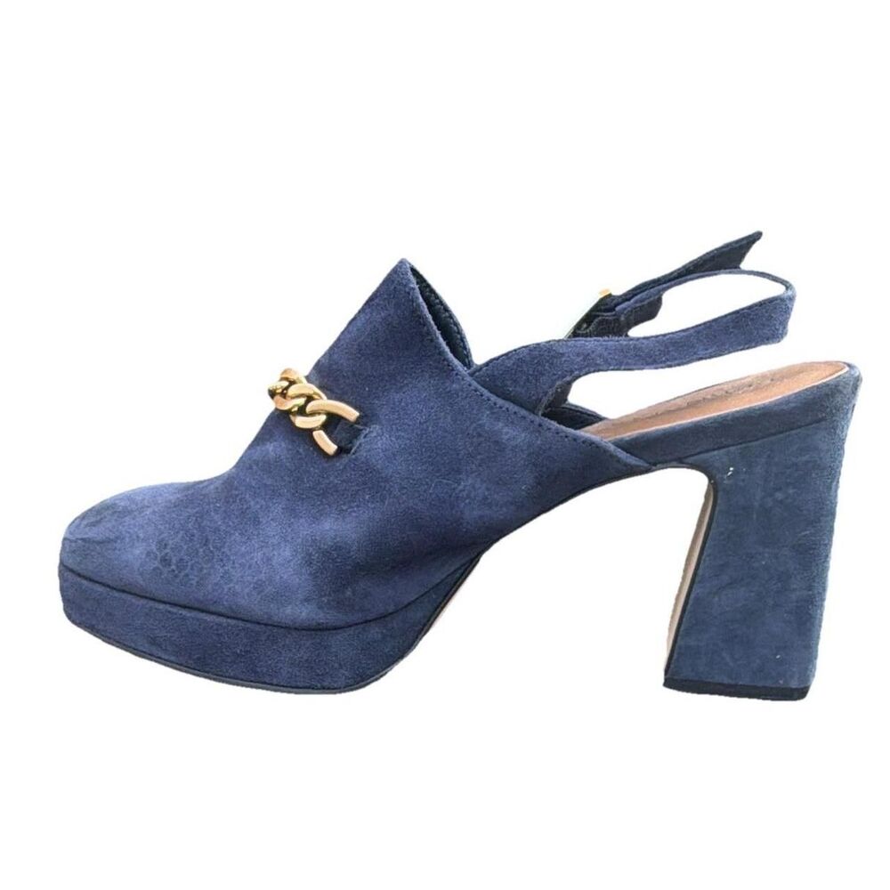 Bernardo Blue Suede Platform office wear Block Heel Retro 70s chic Academia US8